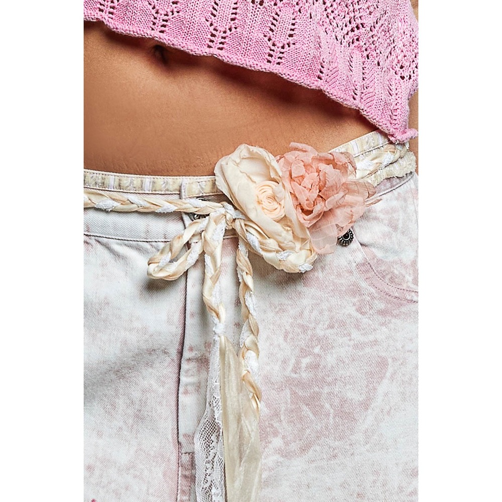 223. New POL Crochet Flower Belt Braided Peach Cream Floral Waist Tie, Hat, Neck